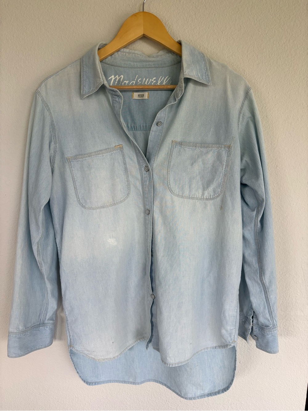 Madewell light blue Denim distressed button up Shirt
